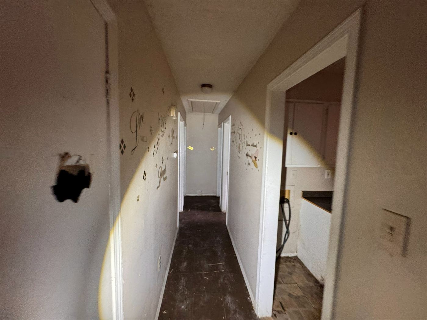 Damaged hallway with a hole punched through the drywall and ruined flooring before restoration in Memphis, TN